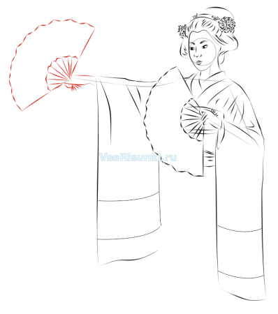 Японка в кимоно рисунок карандашом
