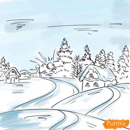 Зимнее утро рисунок карандашом