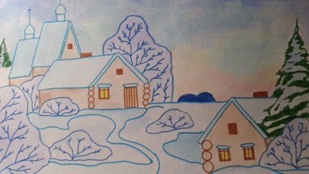 Зимний пейзаж карандашом для детей