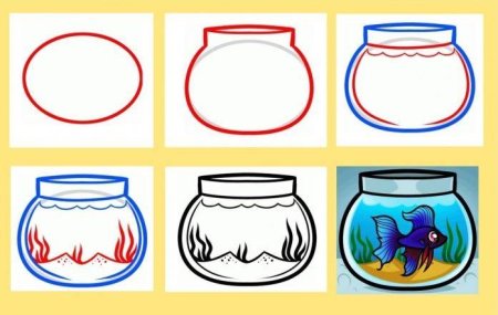 Поэтапное рисование аквариума с рыбками