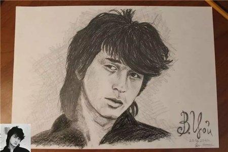 Портрет Цоя черно белый