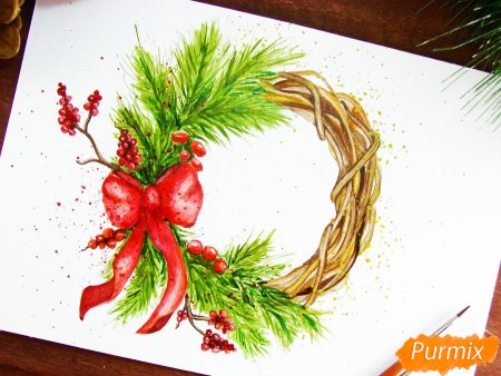 Рождественский венок поэтапное рисование