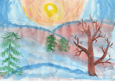 Зимний пейзаж пошаговое рисование