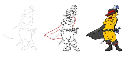 Поэтапное рисование кота в сапогах