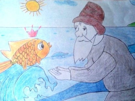 Легкий рисунок о рыбаке и рыбке