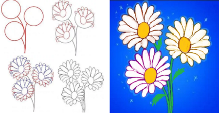 Поэтапное рисование букета ромашек для детей