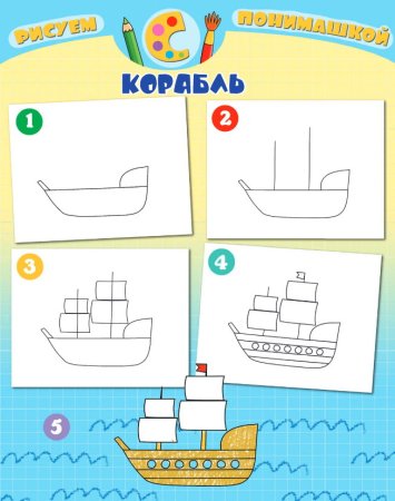 Поэтапное рисование корабля с парусами