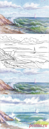 Морской пейзаж цветными карандашами