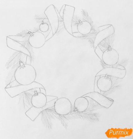 Поэтапное рисование Рождественского венка