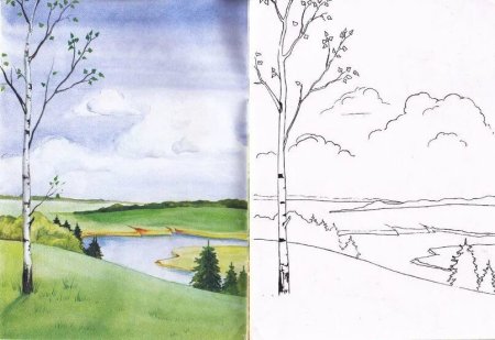 Поэтапный рисунок пейзажа для детей