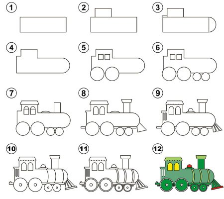 Поэтапное рисование паровоза для детей