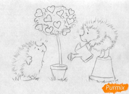 Ежик с сердечками рисунок карандашом