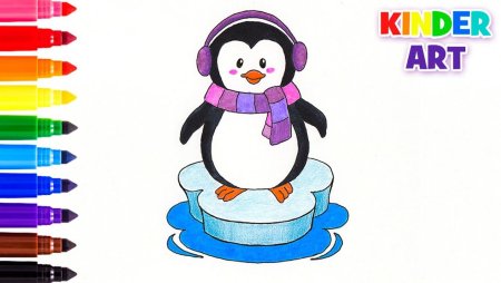 Новогодний Пингвин детский рисунок для урока рисования