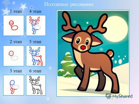 Поэтапное рисование оленя для детей