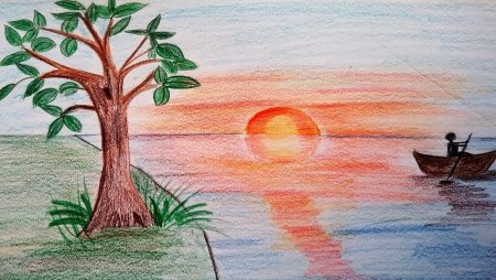 Закат детский рисунок карандашами