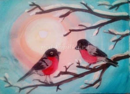 Рисунок снегиря для детей 2 класса на ветке