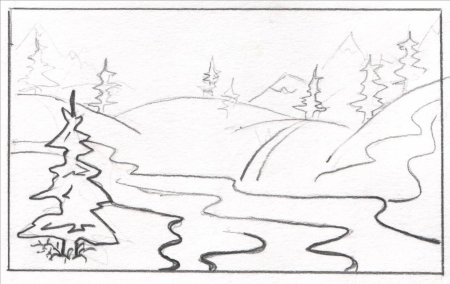 Простой зимний пейзаж гуашью