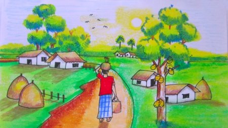 Деревенский пейзаж карандашом для детей