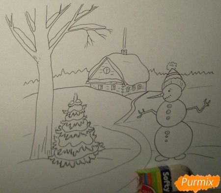 Зимний пейзаж елочки рисунок карандашами