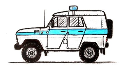 Полицейская машина УАЗ вид сбоку сзади