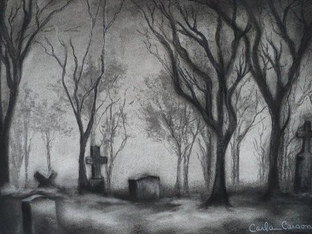 Пейзаж кладбища карандашом