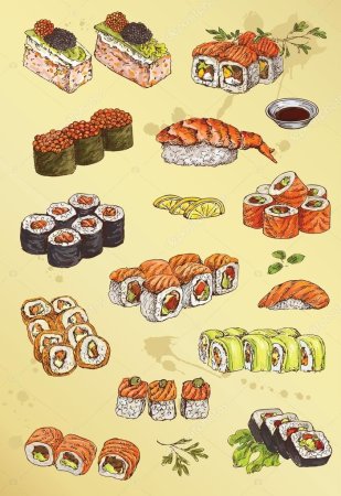 Нарисованные роллы и суши
