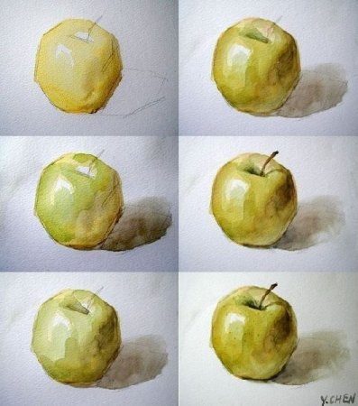 Яблоко акварелью лессировка