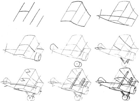 Схемы поэтапного рисования самолета