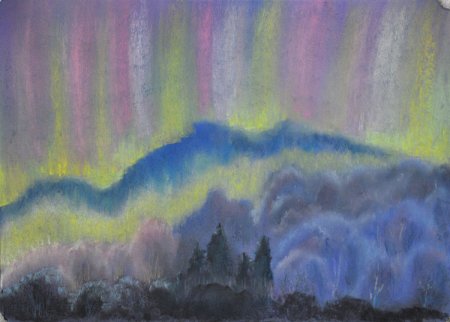 Рисование Северное сияние восковыми мелками