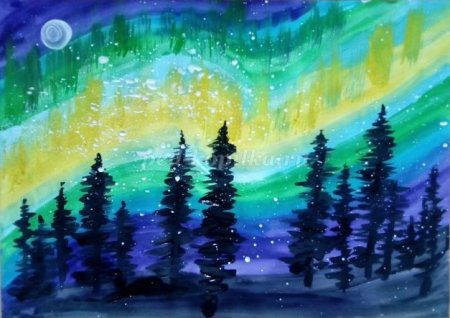Северное сияние гуашью для детей 5 лет