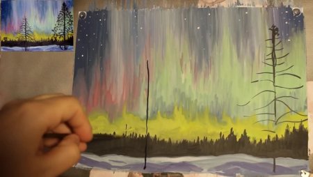 Туториал по рисованию Северного сияния гуашью
