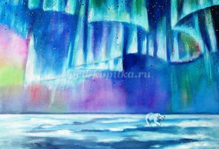 Медведь и Северное сияние акварель