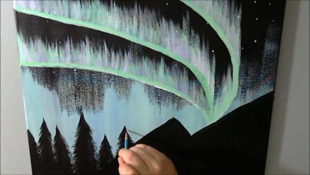 Северное сияние на окне гуашью