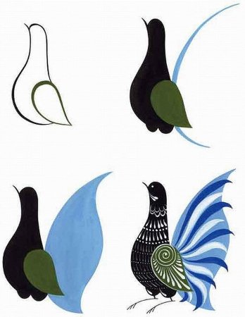 Городецкая роспись элемент Городецкий фазан