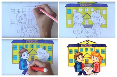 Поэтапное рисование школы для детей