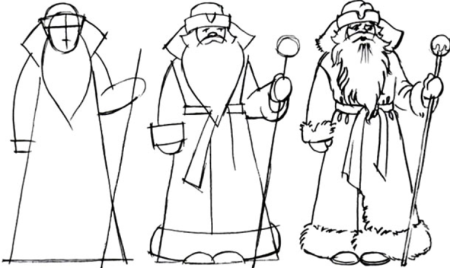 Этапы рисования Деда Мороза