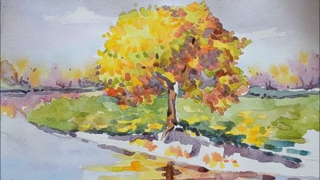 Рисование осеннего пейзажа акварелью
