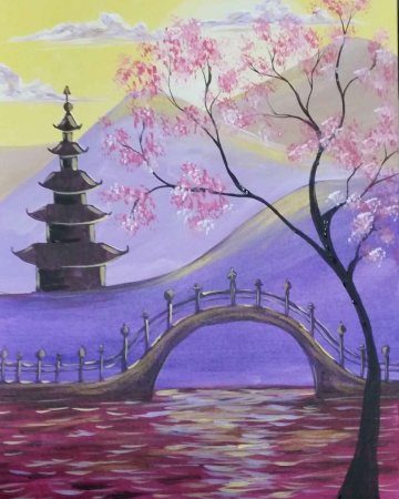 Пейзаж Япония гуашью