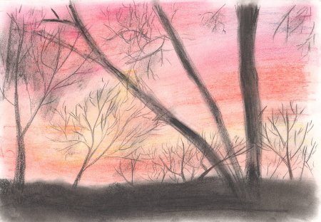 Осенний пейзаж цветными карандашами для начинающих