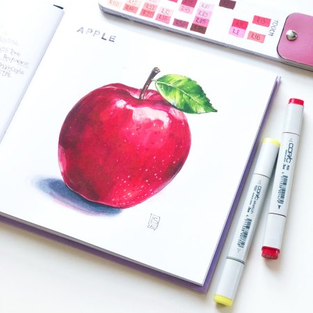 Яблоко маркерами для скетчинга