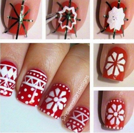 Рисование снежинки на ногтях