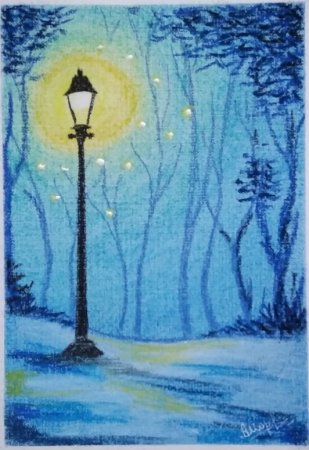 Зимний пейзаж восковыми мелками