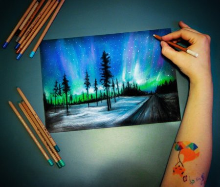 Пейзаж пастелью на черной бумаге