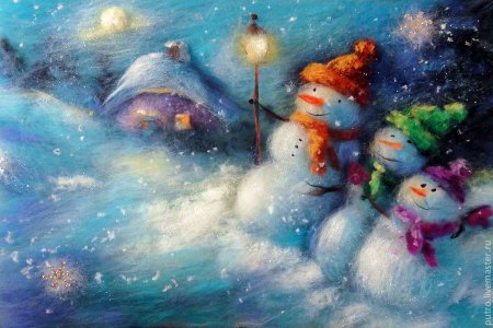 Шерстяная живопись Снеговики