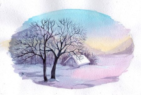 Зимний пейзаж акварельными карандашами