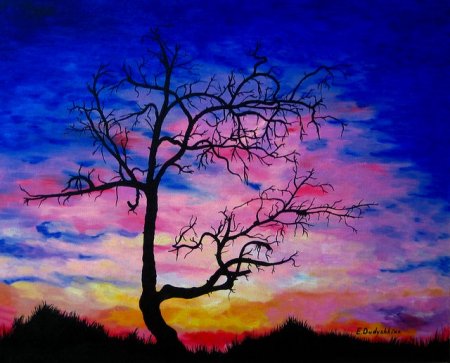 Деревья на закате акварель