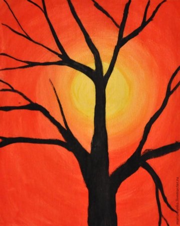 Закат гуашью дерево