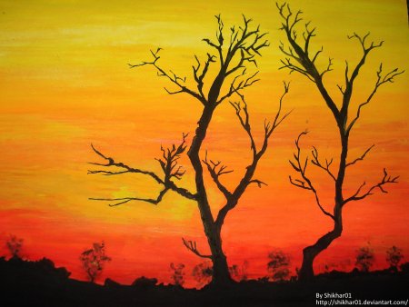 Закат гуашью дерево