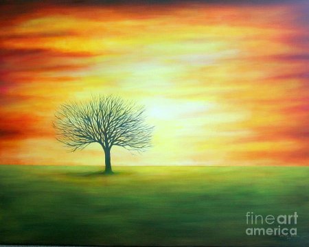 Красивое дерево на фоне заката красками