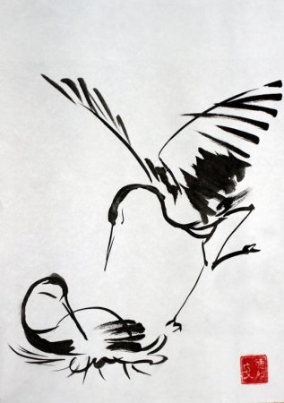 Китайская живопись тушью журавль